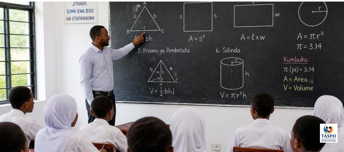 A teacher writing on a chalkboard in a Tanzanian classroom
