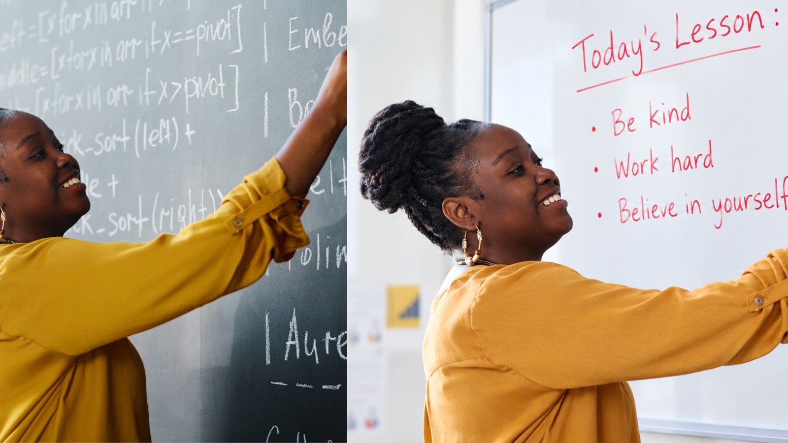 Side-by-side of a teacher writing on a chalk blackboard and on a whiteboard